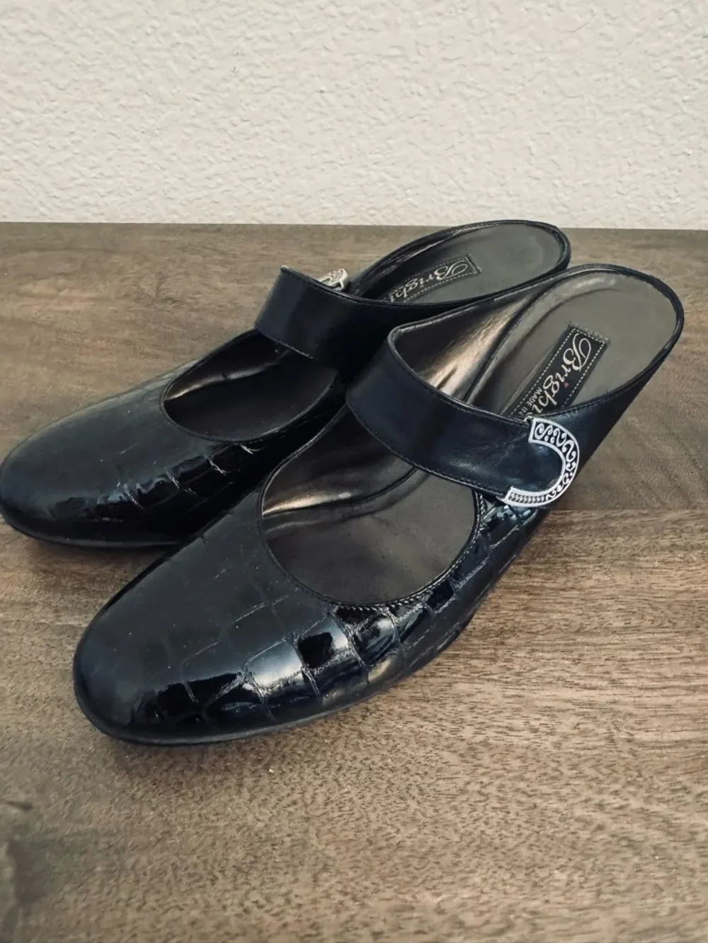 Brighton Beau Black Patent Silver Open Back Heels 7.5